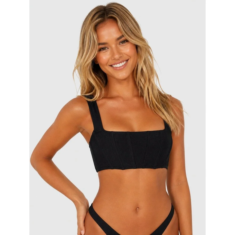 L*Space Odessa Corset Bikini Top Black Square Neck Swim Swimwear M